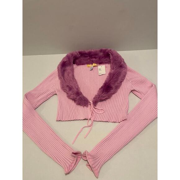 Urban Outfitters Ribbed Cropped Cardigan Faux Fur Tie Front Sweater size M NWT - Picture 8 of 11